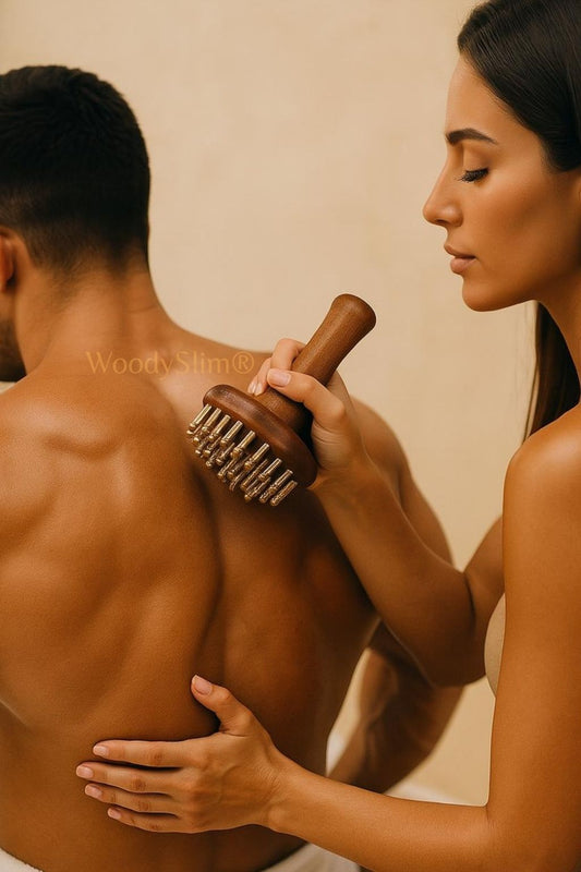 Rituel bien-être WoodySlim – femme massant un dos masculin avec un accessoire en bois naturel et cuivre, stimulation musculaire et connexion sensorielle.