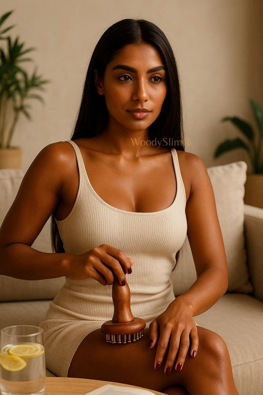 Femme assise en tenue beige utilisant une brosse massante en bois et cuivre WoodySlim sur la cuisse, rituel bien-être et drainage.
