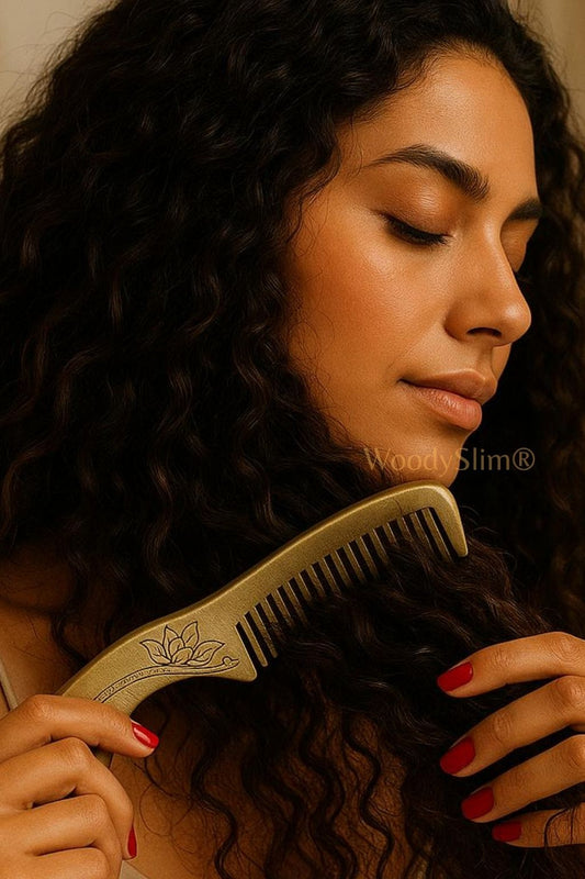 Accessoire capillaire WoodySlim – rituel de soin avec peigne gravé en cuivre, femme aux boucles naturelles, geste apaisant et lumière chaude.