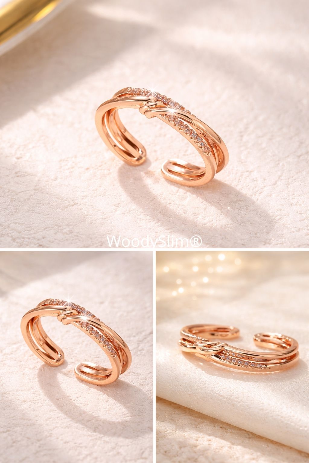 Bague ouverte en cuivre doré WoodySlim® à double anneau, design entrelacé avec détail pavé scintillant, finition brillante, présentée sur fond clair texturé
