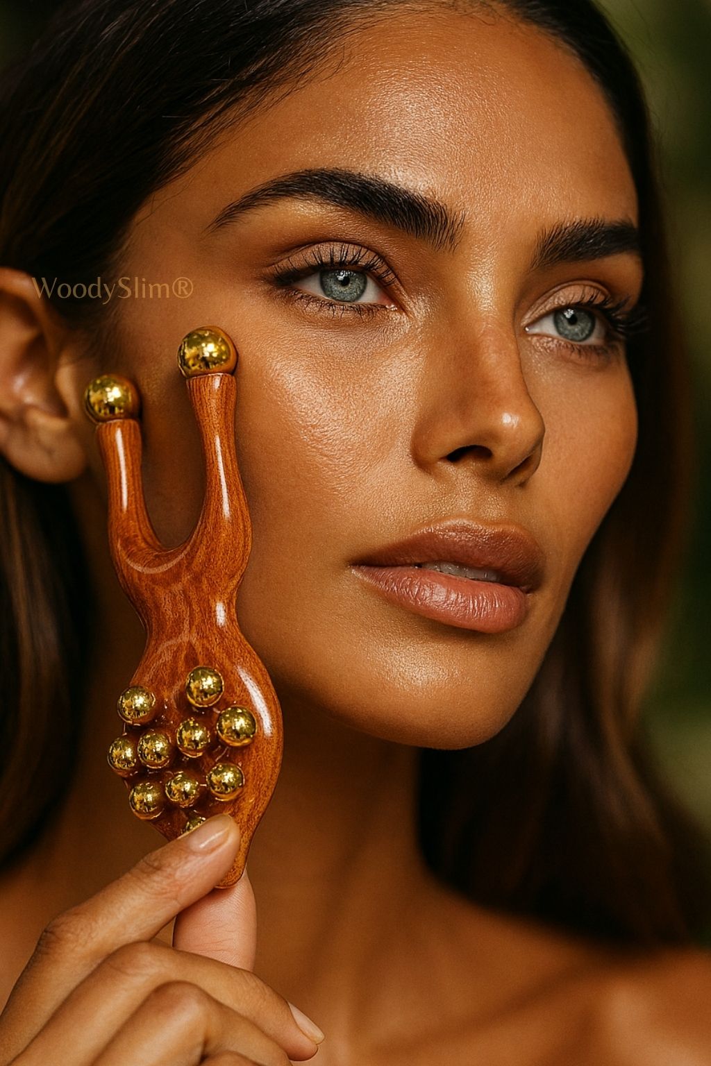 Routine beauté haut de gamme – femme utilisant un accessoire facial en bois sculpté avec billes cuivrées, soin raffermissant WoodySlim, teint éclatant et ambiance luxueuse.