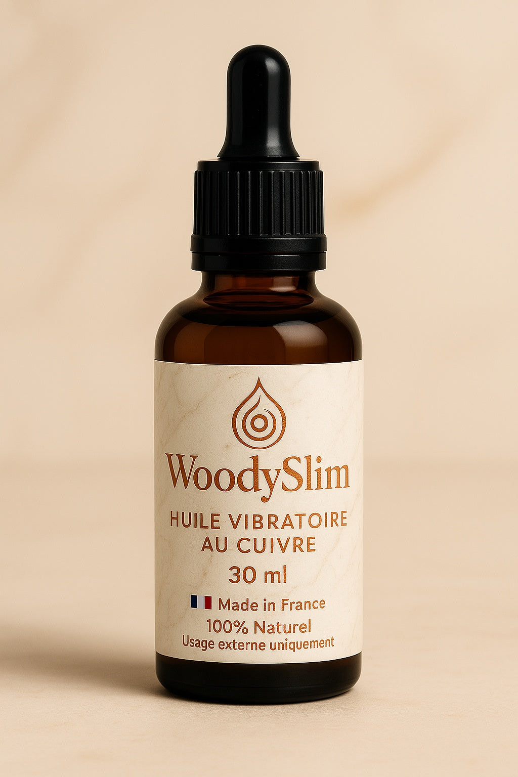 Flacon 30 ml huile vibratoire au cuivre WoodySlim – soin de massage naturel, fabriqué en France, usage externe, bien-être du corps.