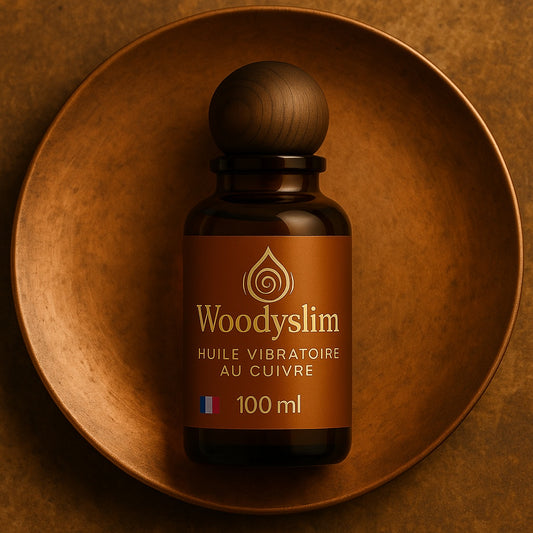 Flacon d’huile de massage au cuivre WoodySlim 100 ml – posé sur une plaque cuivrée, photo haut de gamme pour illustrer un rituel sensoriel naturel.