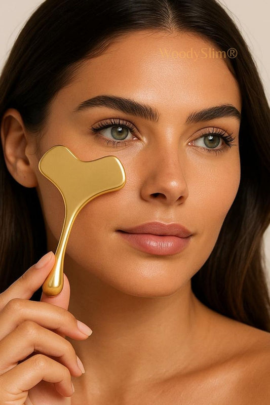Outil de massage visage en cuivre doré utilisé par une femme – WoodySlim®