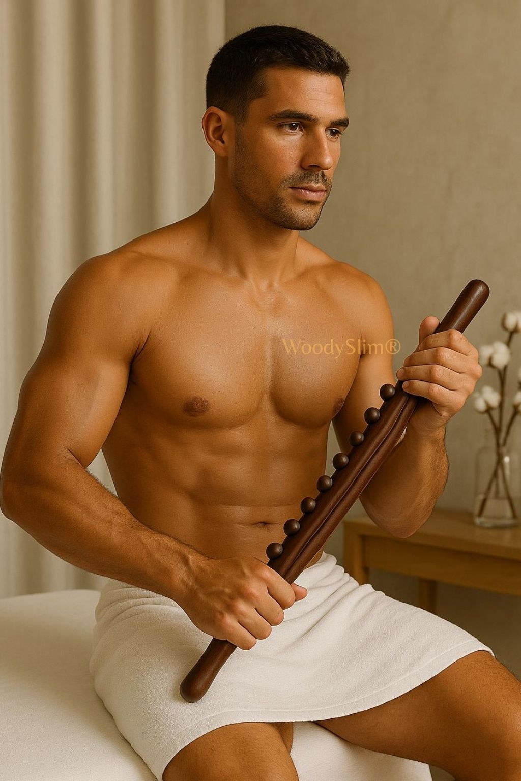 Homme torse nu assis en serviette blanche tenant un rouleau de massage en bois et cuivre WoodySlim, ambiance bien-être.