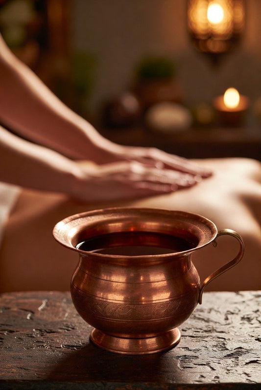 Massage du dos avec huile chaude dans une ambiance relaxante, en présence d’un récipient en cuivre — soin vibratoire WoodySlim