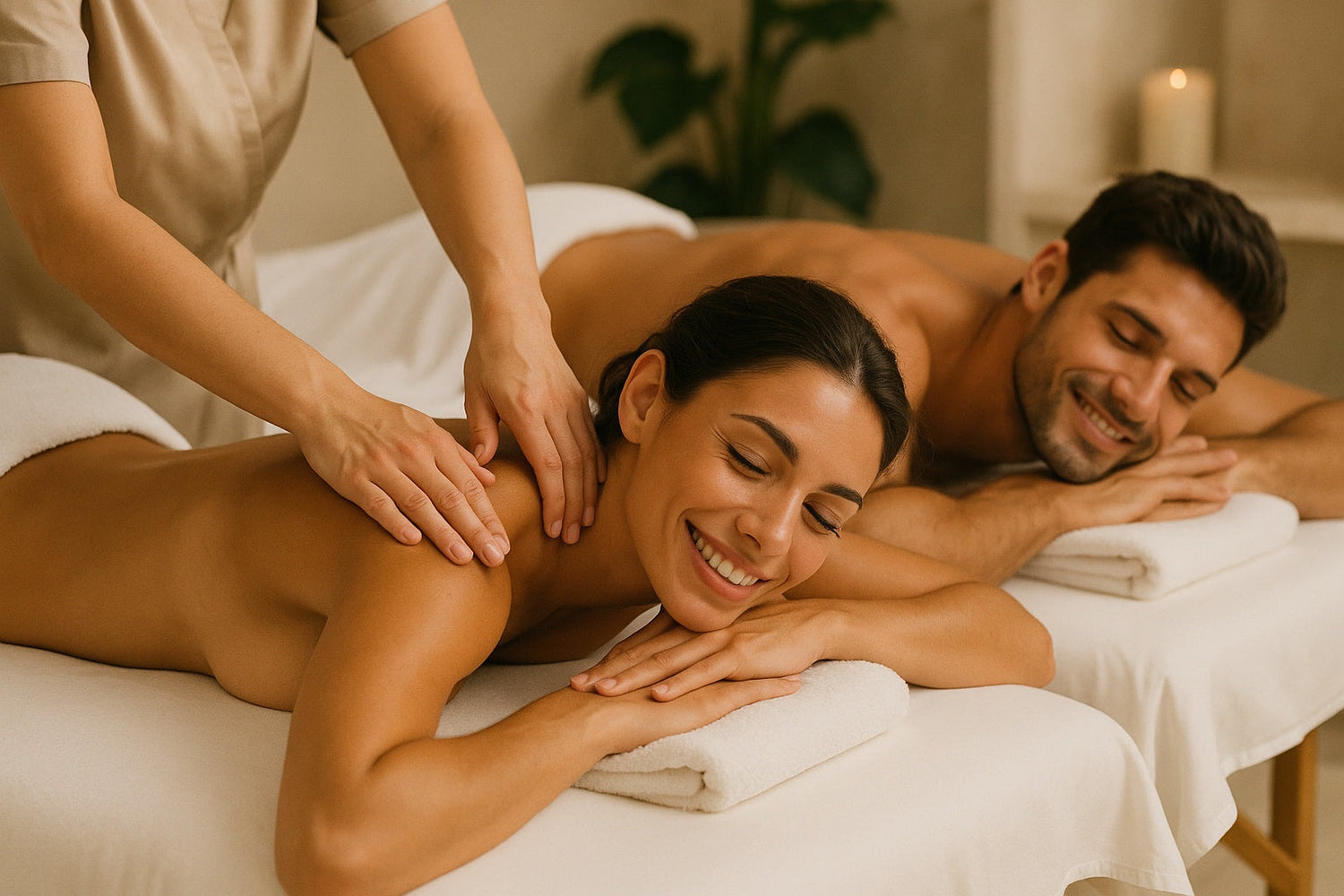 Massage drainant avec un outil en bois et cuivre, sur peau bronzée, ambiance chaude et haut de gamme – WoodySlim