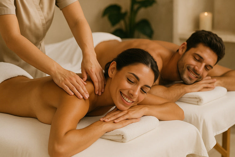 Massage drainant avec un outil en bois et cuivre, sur peau bronzée, ambiance chaude et haut de gamme – WoodySlim