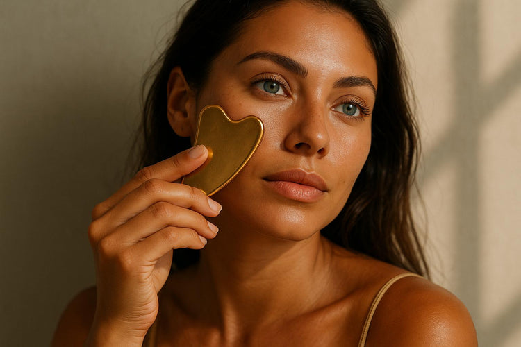 Femme utilisant un Gua Sha en cuivre – Massage du visage haut de gamme WoodySlim