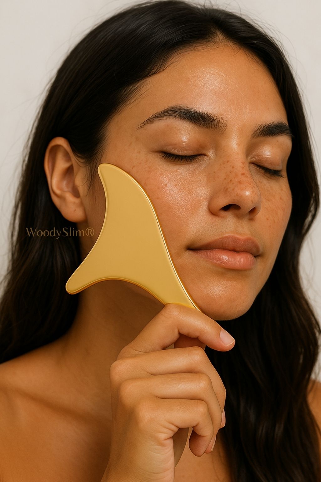 Femme aux cheveux noirs utilisant un Gua Sha en cuivre doré WoodySlim sur la joue, rituel beauté visage haut de gamme.