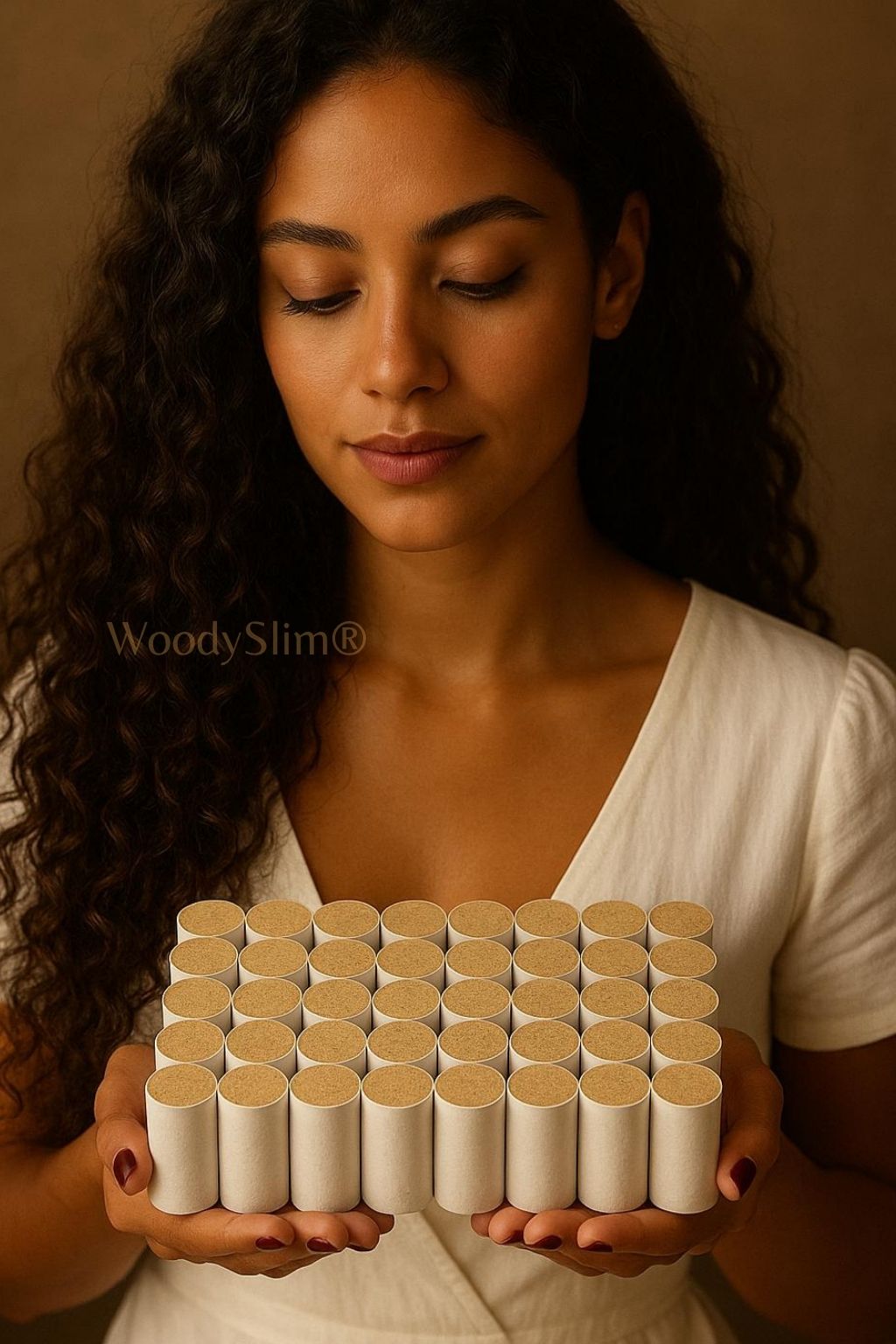 Produits bien-être WoodySlim – femme au teint lumineux portant une robe blanche, tenant 24 flacons de soins avec bouchon cuivré, ambiance minimaliste et haut de gamme.