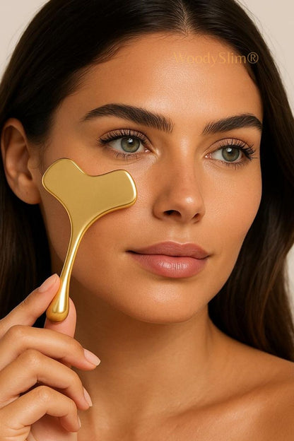 Accessoire visage WoodySlim – rituel beauté avec outil de massage en cuivre doré, peau éclatante et regard détendu, soin bien-être haut de gamme.