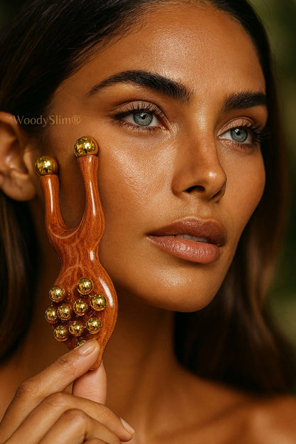 Routine beauté haut de gamme – femme utilisant un accessoire facial en bois sculpté avec billes cuivrées, soin raffermissant WoodySlim, teint éclatant et ambiance luxueuse.