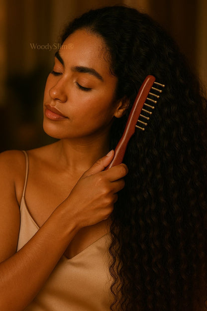 Rituel capillaire WoodySlim – femme aux boucles naturelles utilisant un peigne en bois noble et embouts cuivrés, geste apaisant et lumière chaude.
