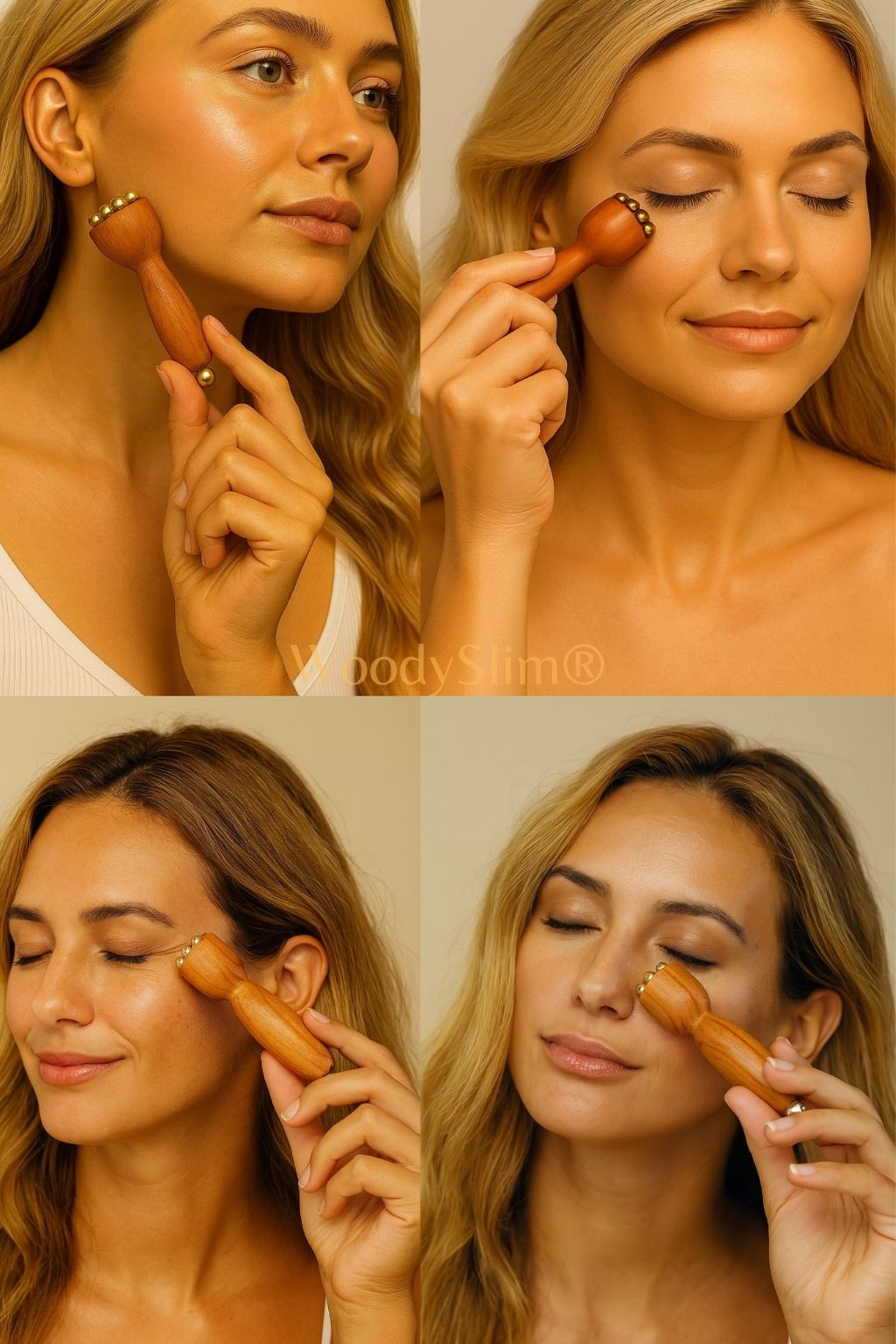 Montage de rituels beauté WoodySlim – femmes appliquant un accessoire de massage en cuivre sur les joues et le contour des yeux, bienfaits visibles et ambiance lumineuse.