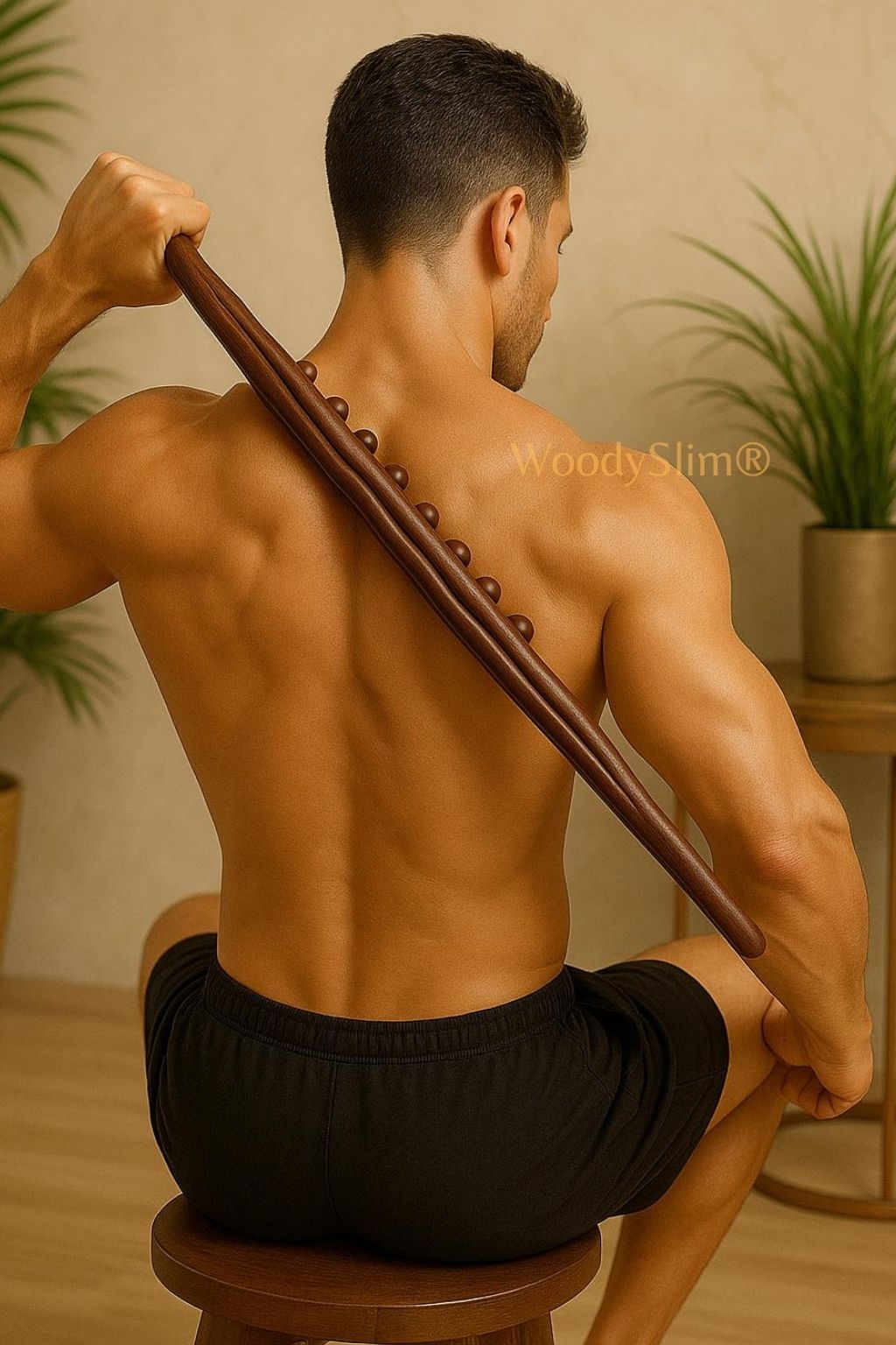 Homme torse nu vu de dos utilisant un rouleau massant en bois avec embouts en cuivre WoodySlim sur le dos, rituel de détente musculaire.