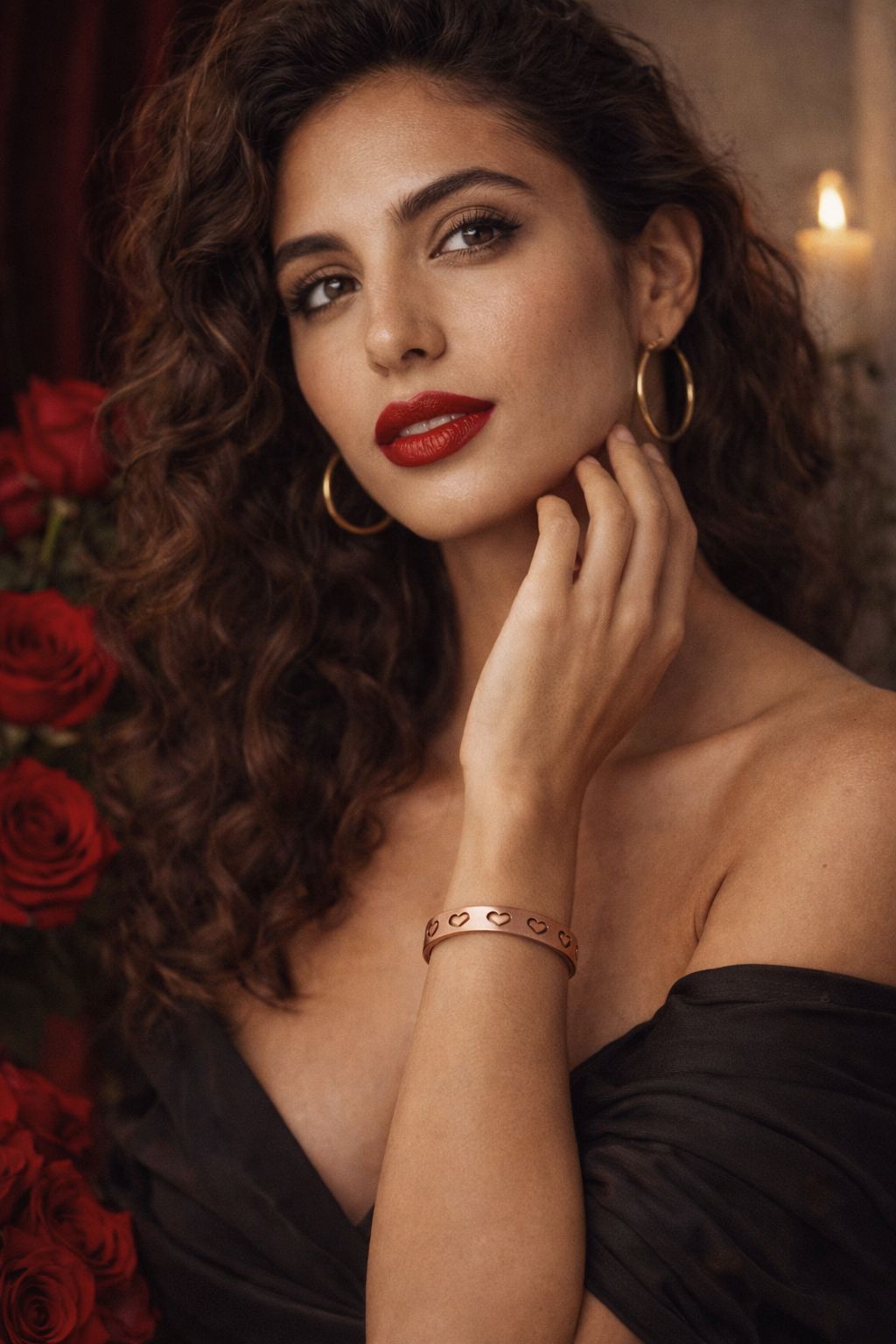 Femme portant un bracelet en cuivre rigide avec motifs cœurs découpés, bracelet ouvert finition cuivre rosé, bijou WoodySlim.