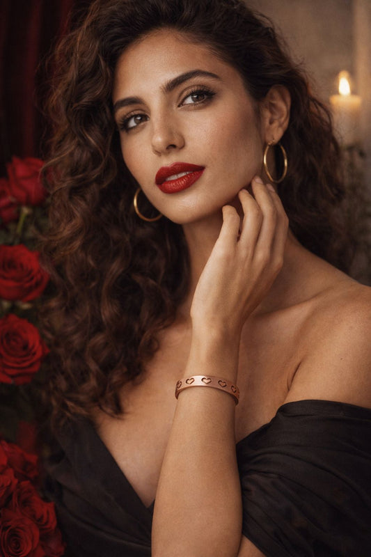 Femme portant un bracelet en cuivre rigide avec motifs cœurs découpés, bracelet ouvert finition cuivre rosé, bijou WoodySlim.