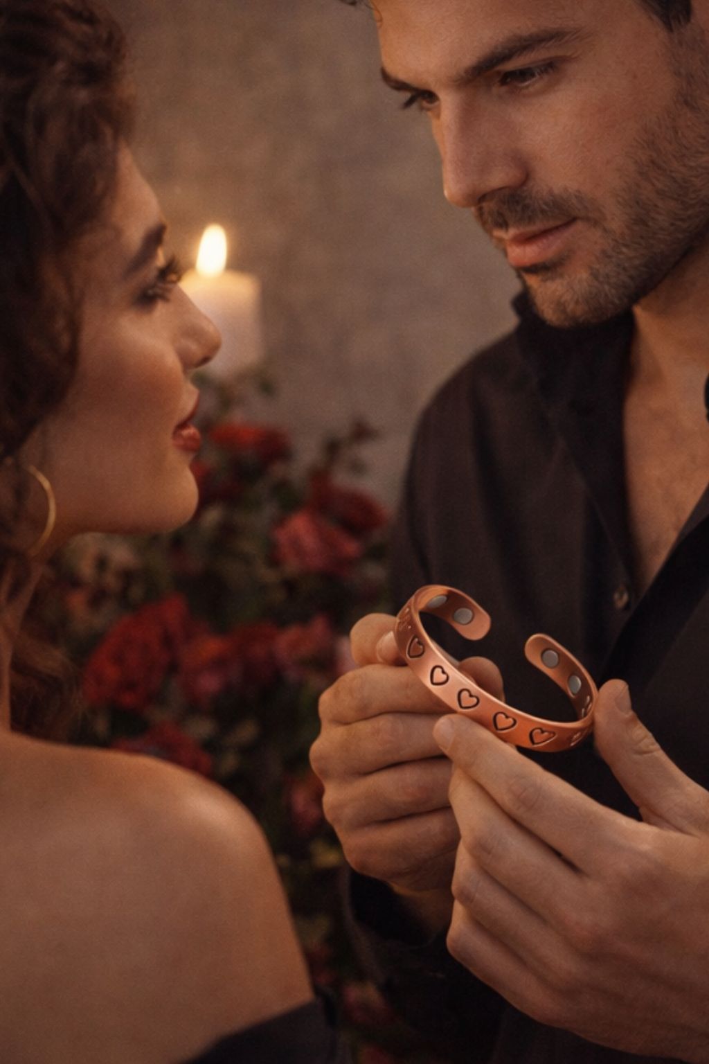 Couple tenant un bracelet en cuivre rigide avec motifs cœurs découpés, mise en scène élégante mettant en valeur le bijou WoodySlim.