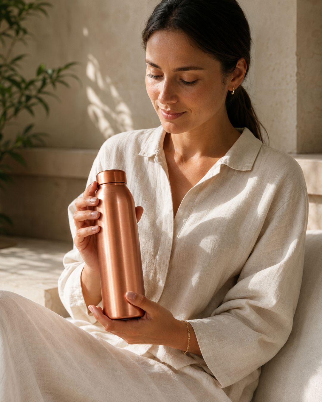 Femme élégante tenant une gourde en cuivre 1L WoodySlim® dans un décor naturel, beige et raffiné, idéal pour un rituel quotidien.