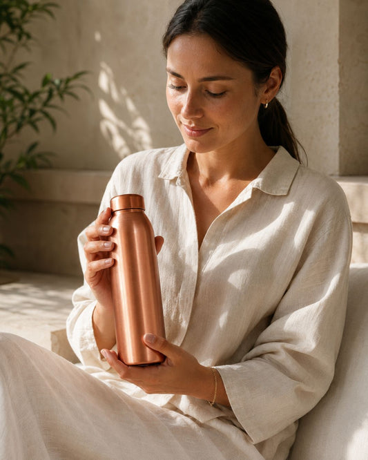 Femme élégante tenant une gourde en cuivre 1L WoodySlim® dans un décor naturel, beige et raffiné, idéal pour un rituel quotidien.