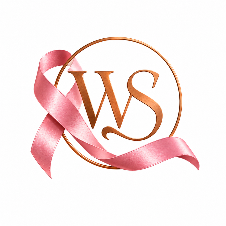 Logo WS WoodySlim® en cuivre accompagné d’un ruban rose, visuel de soutien à Octobre Rose et à la sensibilisation au cancer du sein.