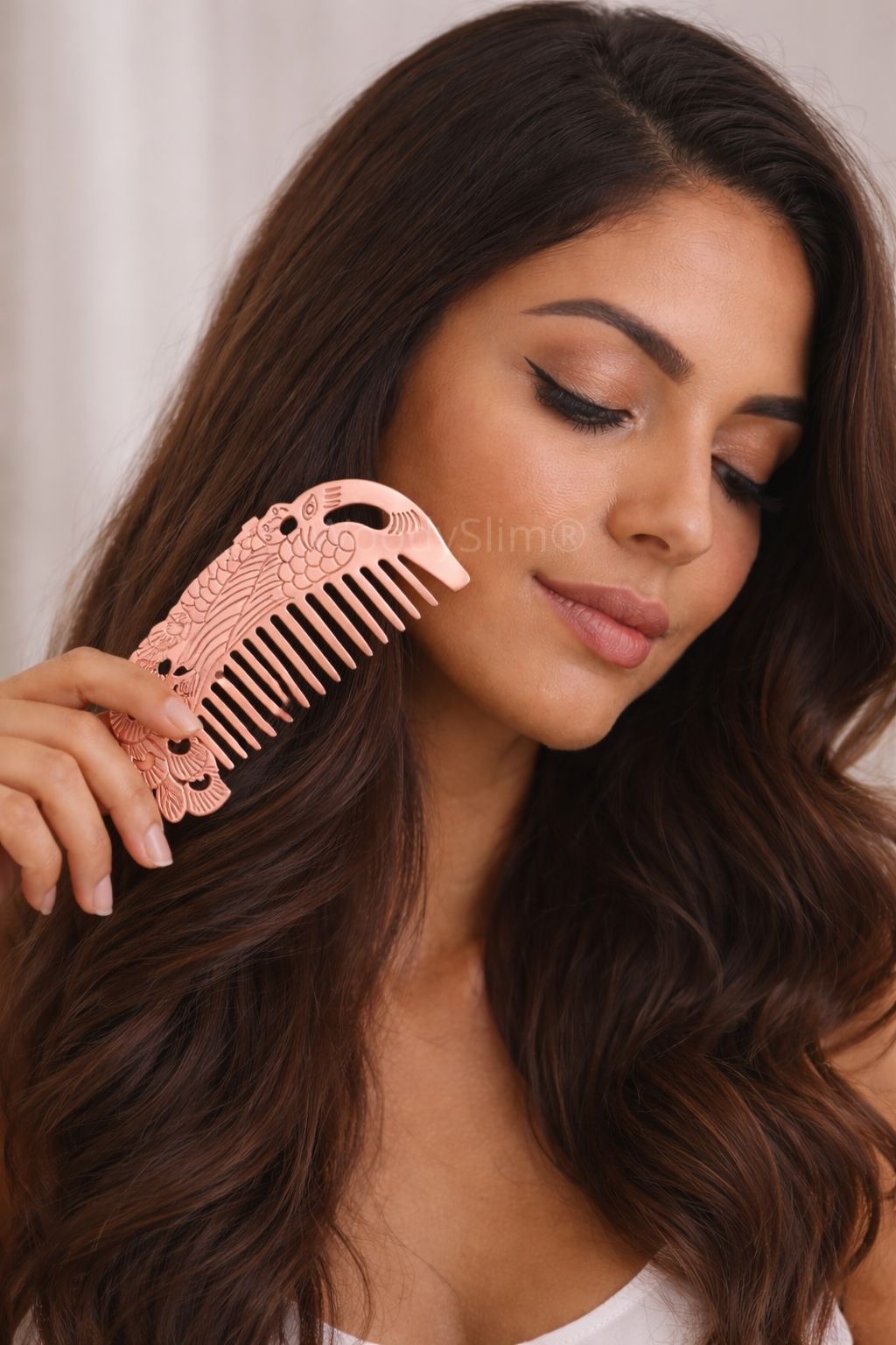 Femme tenant un peigne en cuivre gravé motif paon près de ses cheveux, accessoire élégant pour le coiffage WoodySlim.