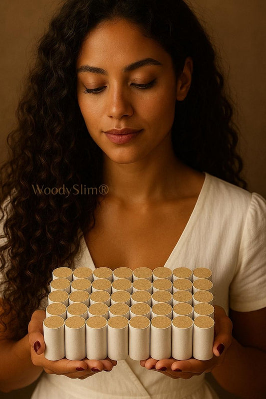 Produits bien-être WoodySlim – femme au teint lumineux portant une robe blanche, tenant 24 flacons de soins avec bouchon cuivré, ambiance minimaliste et haut de gamme.