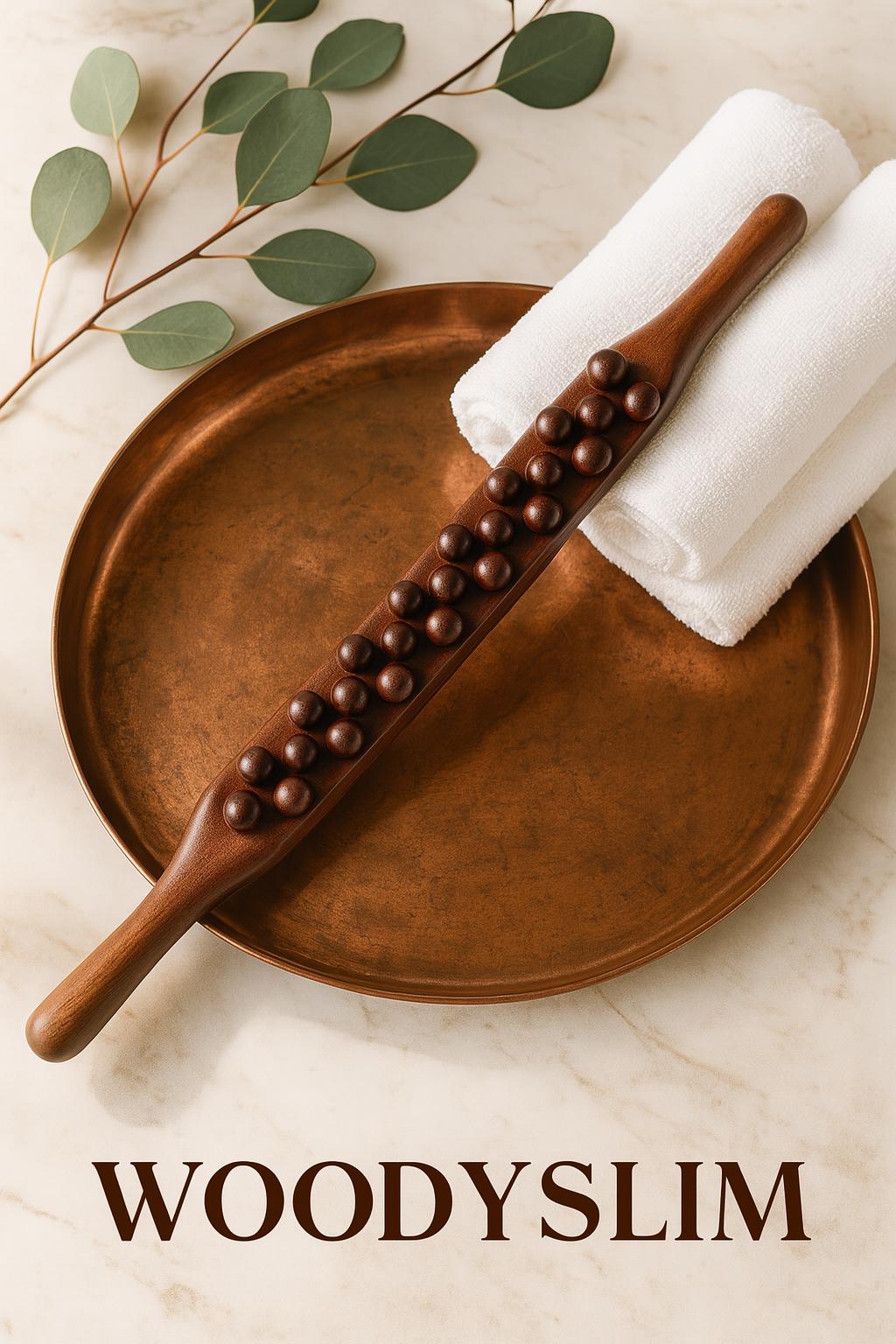 Scène bien-être avec rouleau de massage en bois et cuivre WoodySlim posé sur plateau cuivré, serviette blanche et feuilles eucalyptus.
