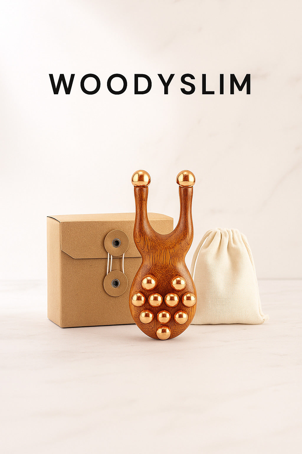 Roller de massage en bois et cuivre avec packaging éco-responsable WoodySlim, accessoire bien-être visage et corps
