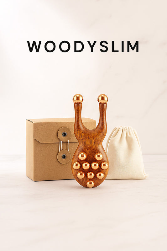 Roller de massage en bois et cuivre avec packaging éco-responsable WoodySlim, accessoire bien-être visage et corps