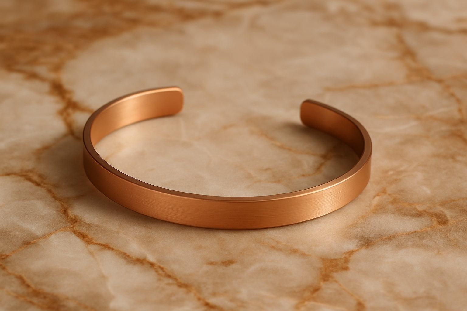 Bracelet en cuivre sur fond marbré brun – design brut et élégant