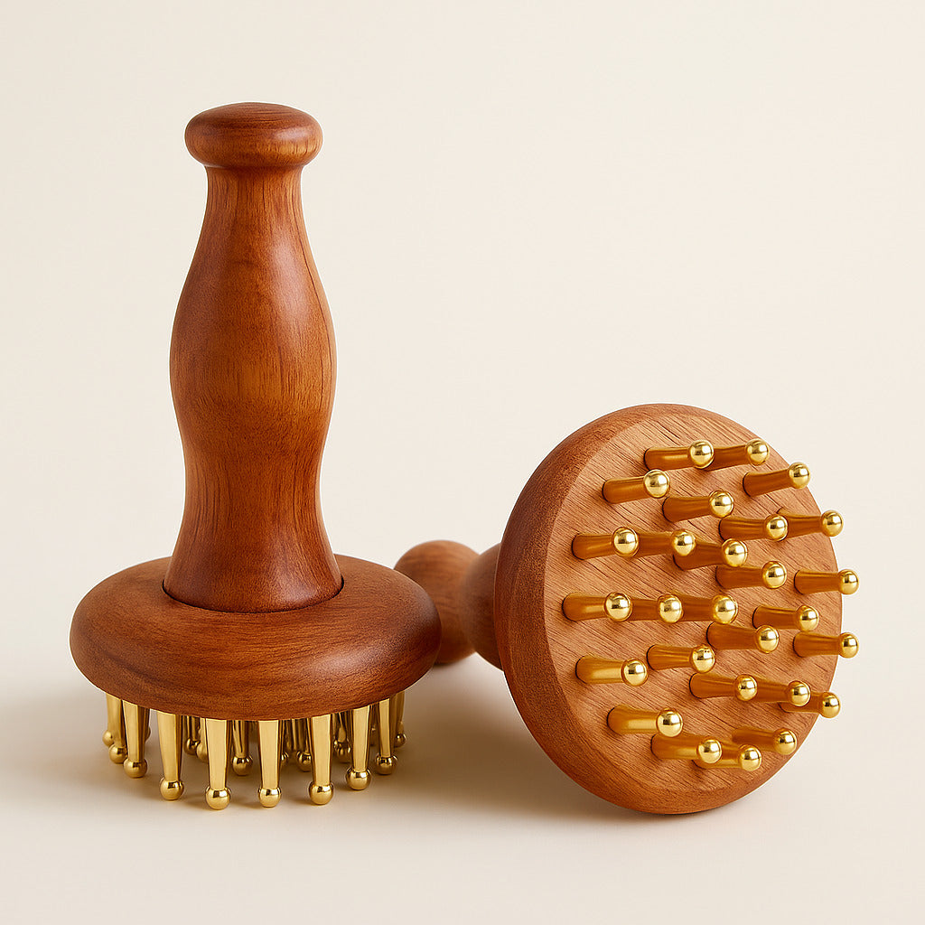 Duo de brosses de massage en bois naturel avec picots en laiton – accessoire bien-être pour drainage lymphatique, soin du corps et relaxation profonde WoodySlim
