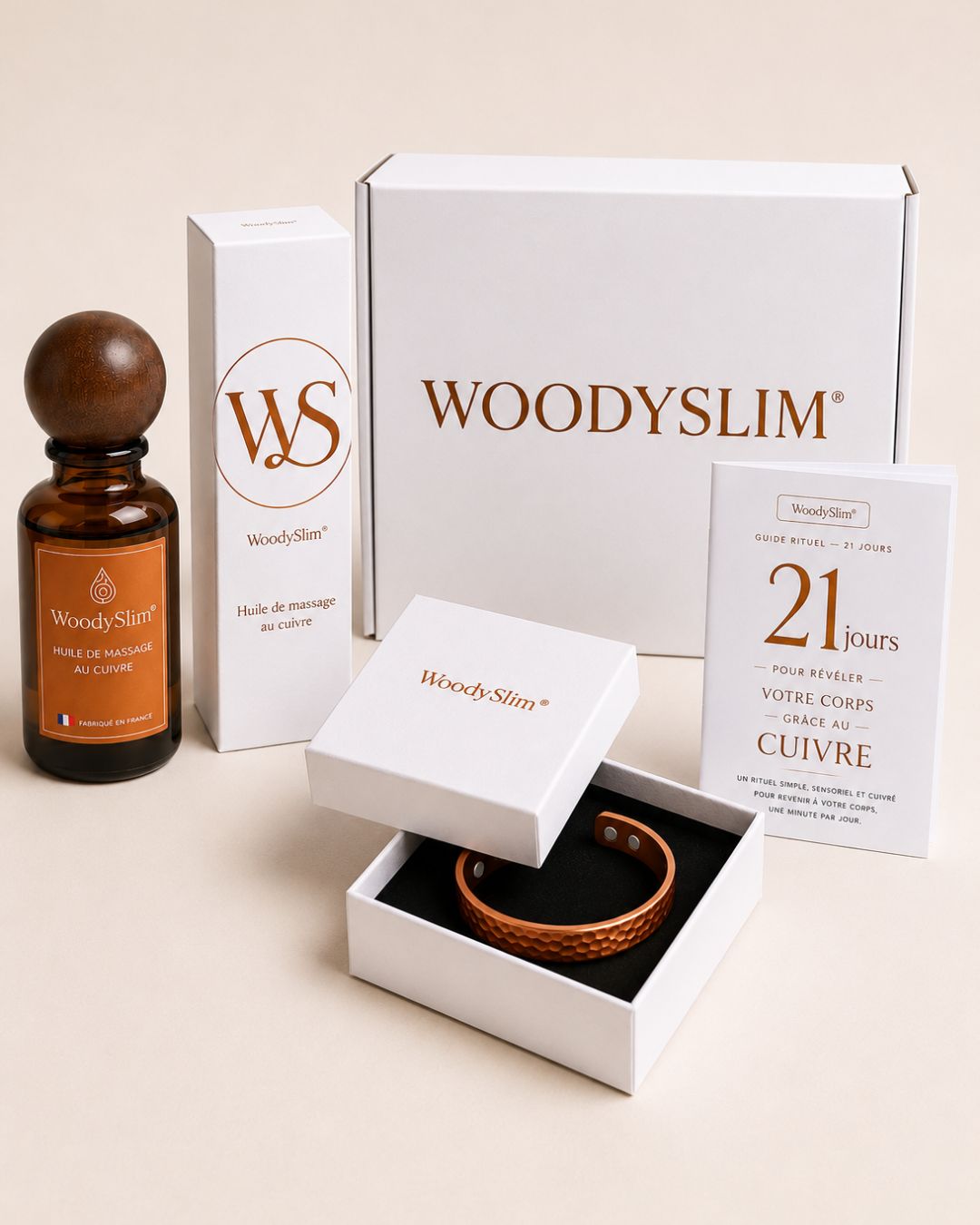 Coffret rituel cuivre WoodySlim avec huile de massage, bracelet en cuivre et guide 21 jours.