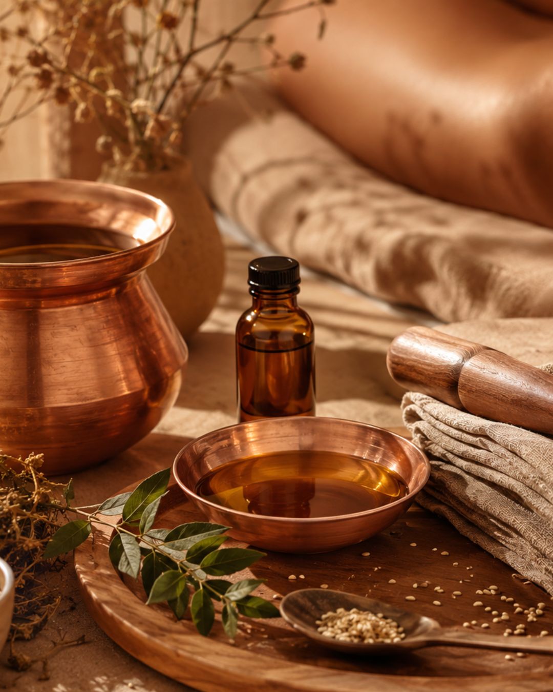 Rituel de massage inspiré de l’ayurveda avec accessoires en cuivre, huile de massage et ambiance bien-être WoodySlim