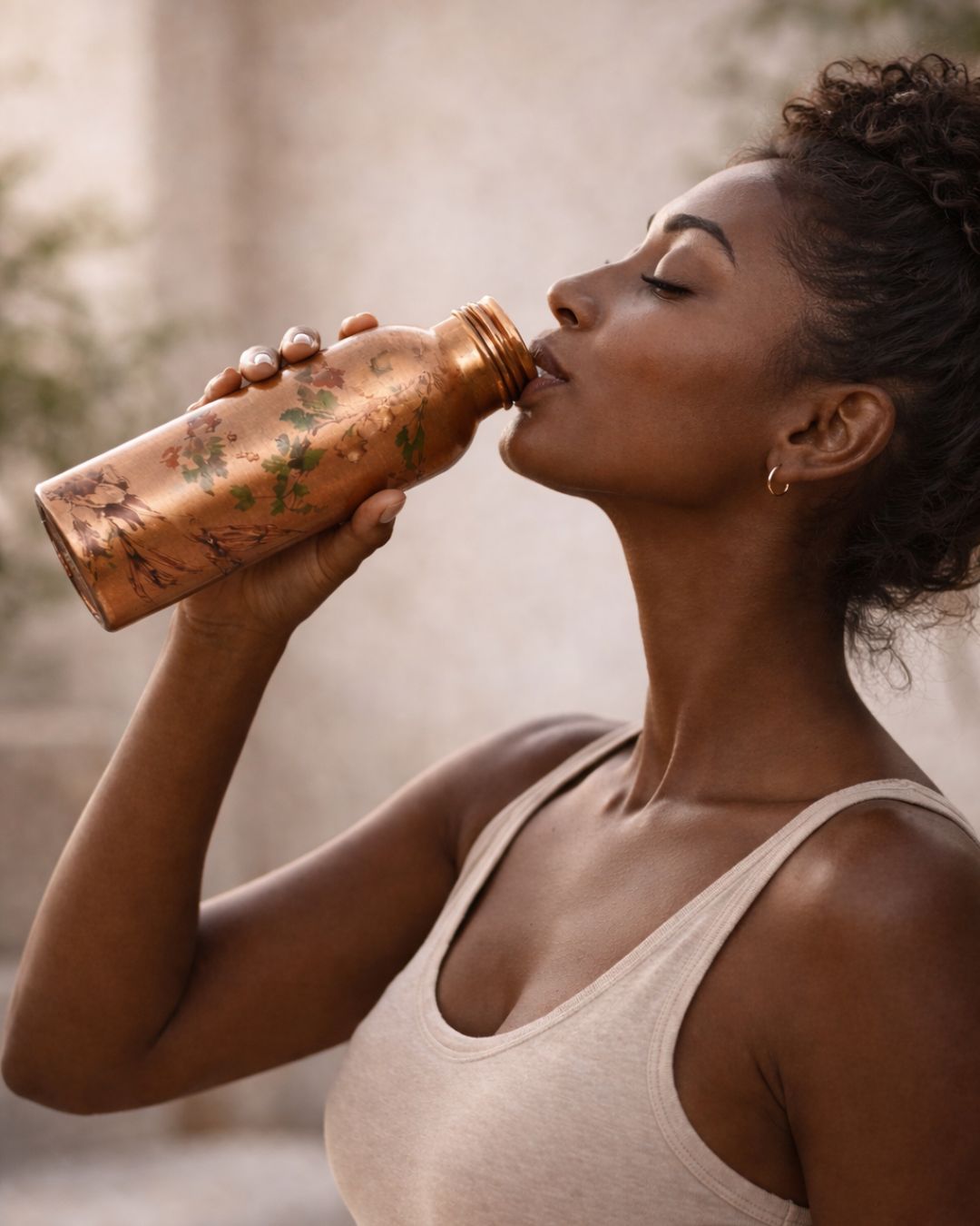 Femme buvant dans une gourde en cuivre WoodySlim avec motif floral pour un rituel d’eau naturel.