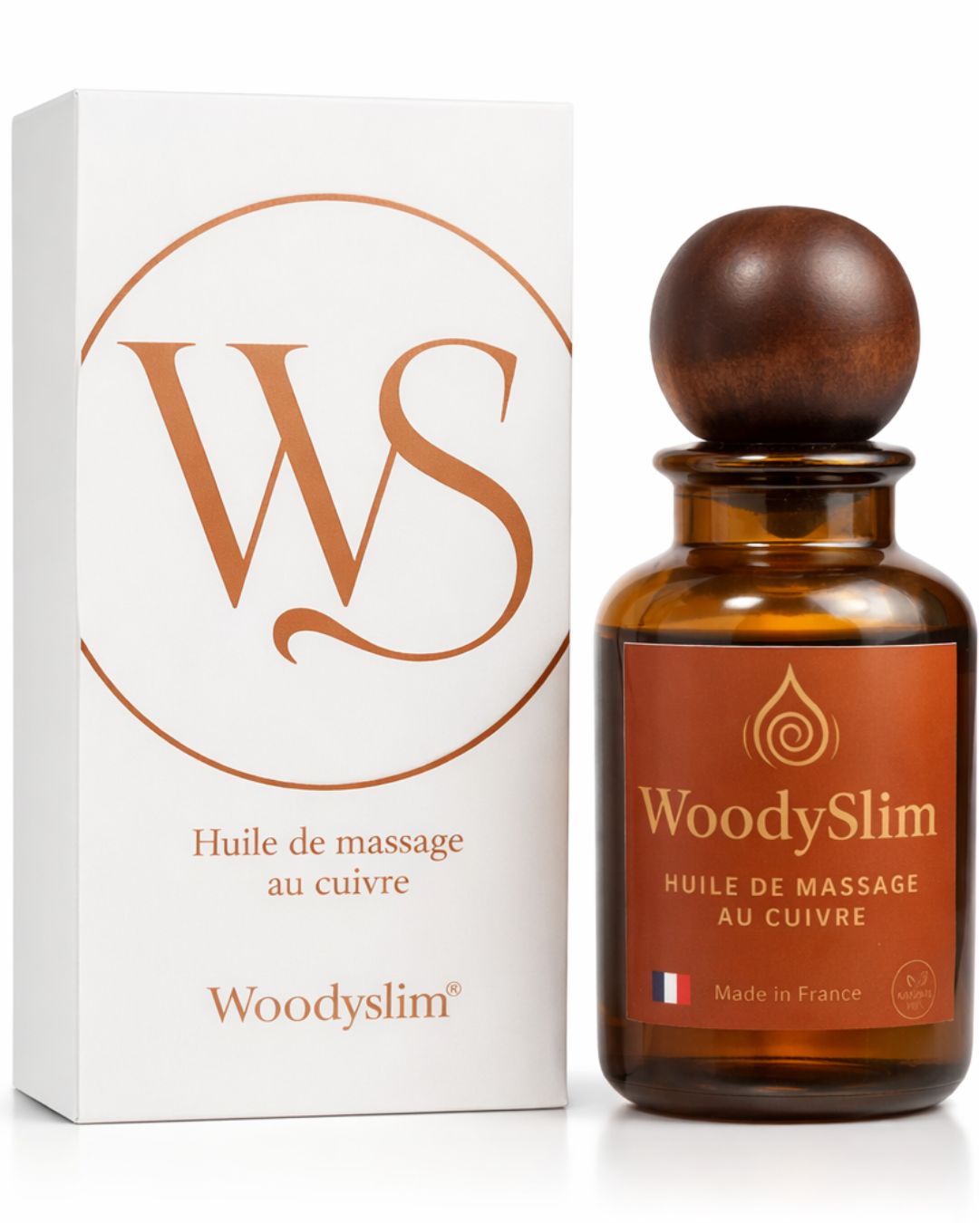 Huile de massage au cuivre WoodySlim avec flacon ambré et étui blanc Made in France.