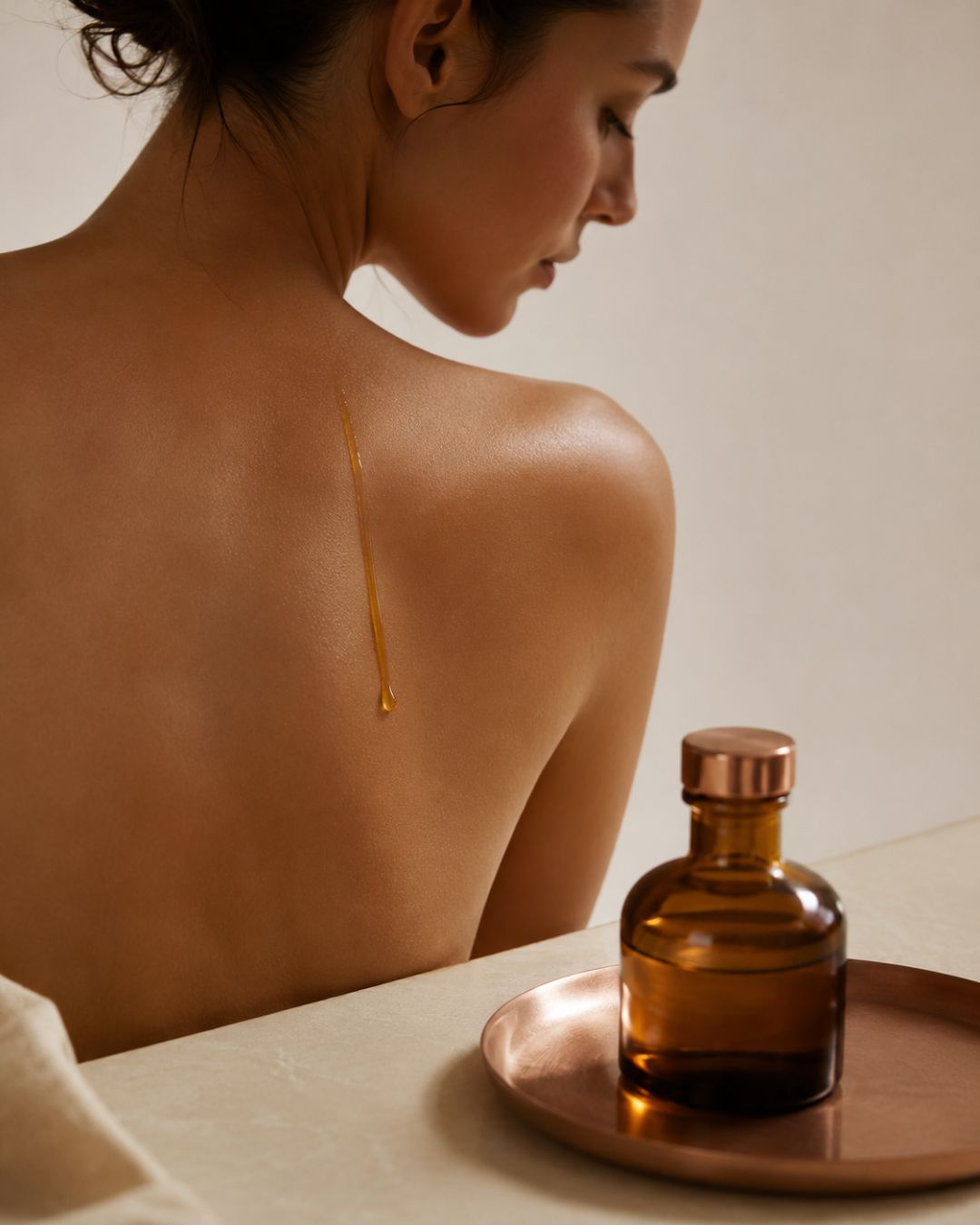 Huile de massage au cuivre appliquée sur le dos dans un rituel corporel sensoriel WoodySlim