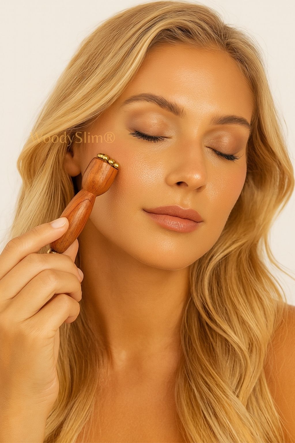 Routine beauté visage WoodySlim – massage facial avec roller en bois et cuivre, femme détendue, peau éclatante et fond clair haut de gamme.