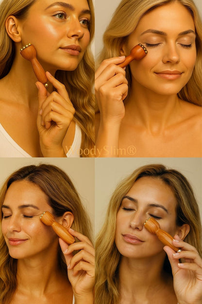 Montage de rituels beauté WoodySlim – femmes appliquant un accessoire de massage en cuivre sur les joues et le contour des yeux, bienfaits visibles et ambiance lumineuse.