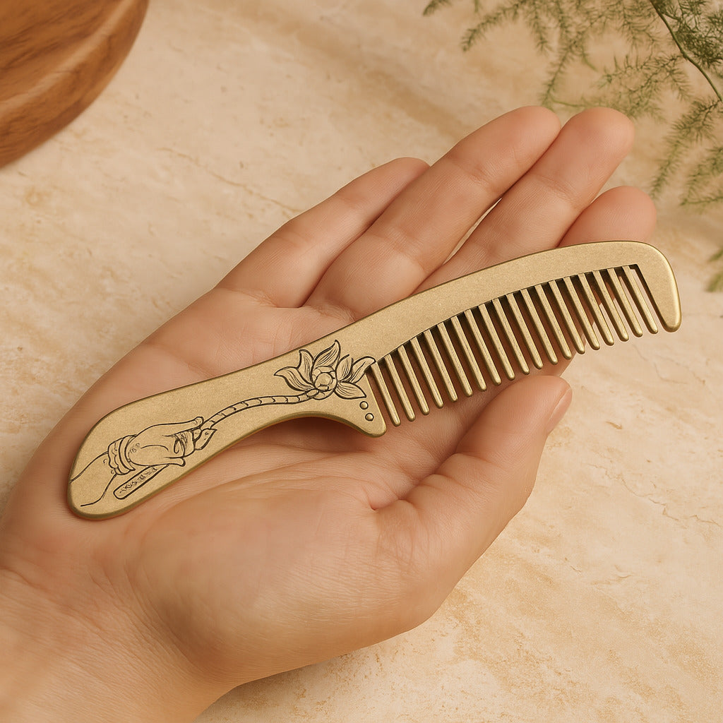 Peigne en cuivre massif gravé lotus tenu dans une main, accessoire de soin capillaire artisanal WoodySlim