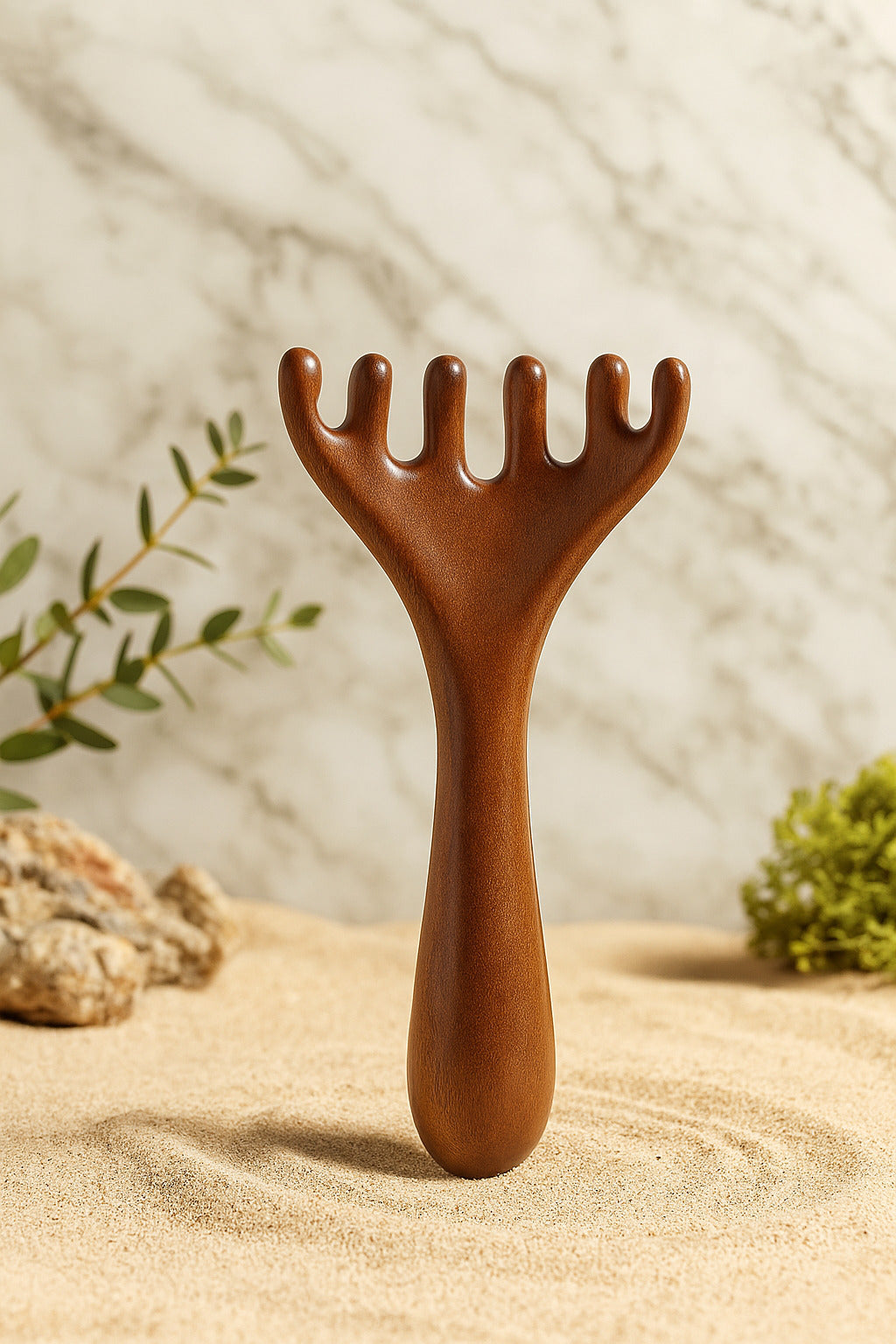 Peigne de massage en bois naturel six griffes pour le cuir chevelu, outil Gua Sha anti-stress, WoodySlim