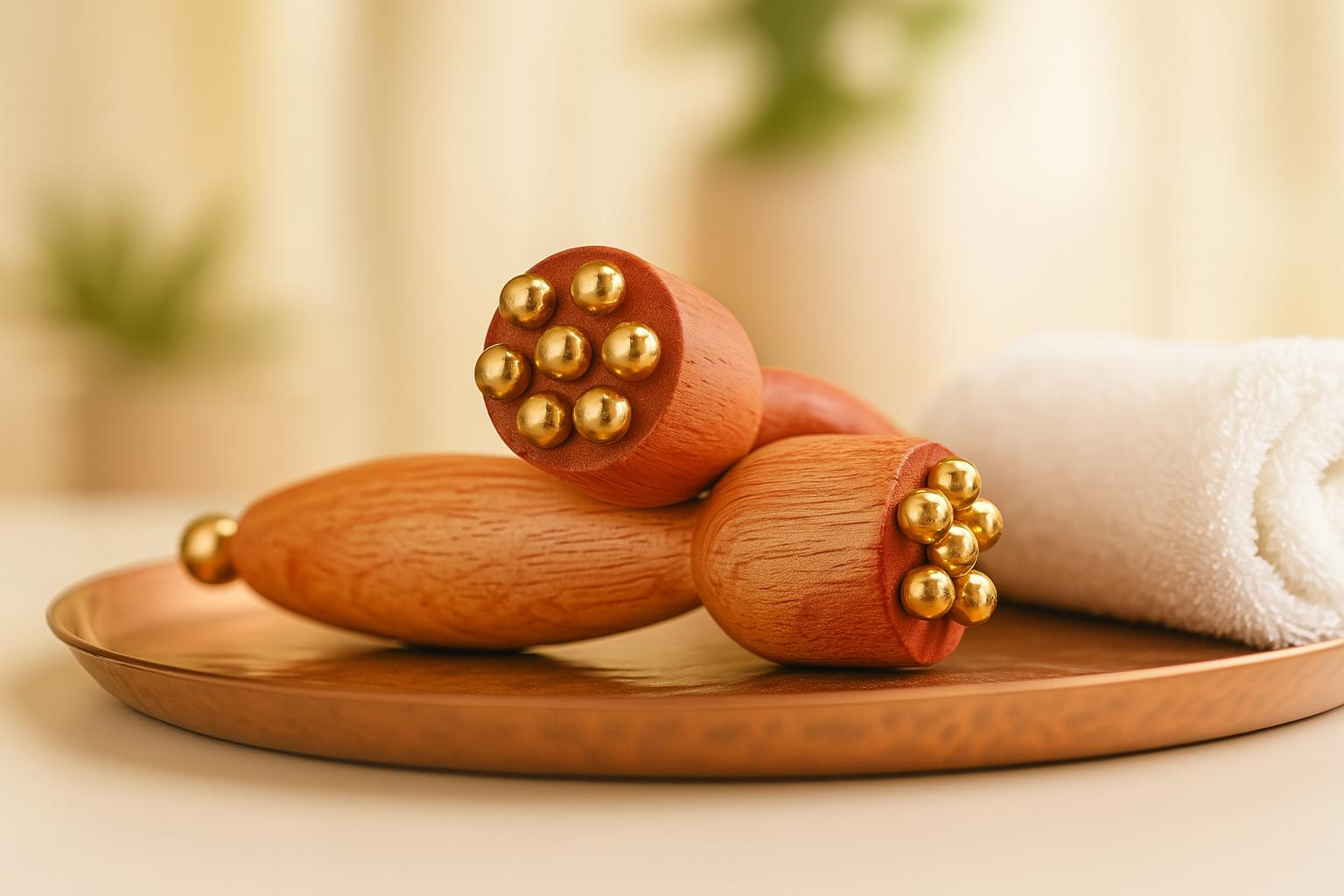 Outils de massage WoodySlim – instruments en bois naturel avec embouts sphériques en cuivre, scène bien-être sur plateau luxueux, ambiance spa raffinée.