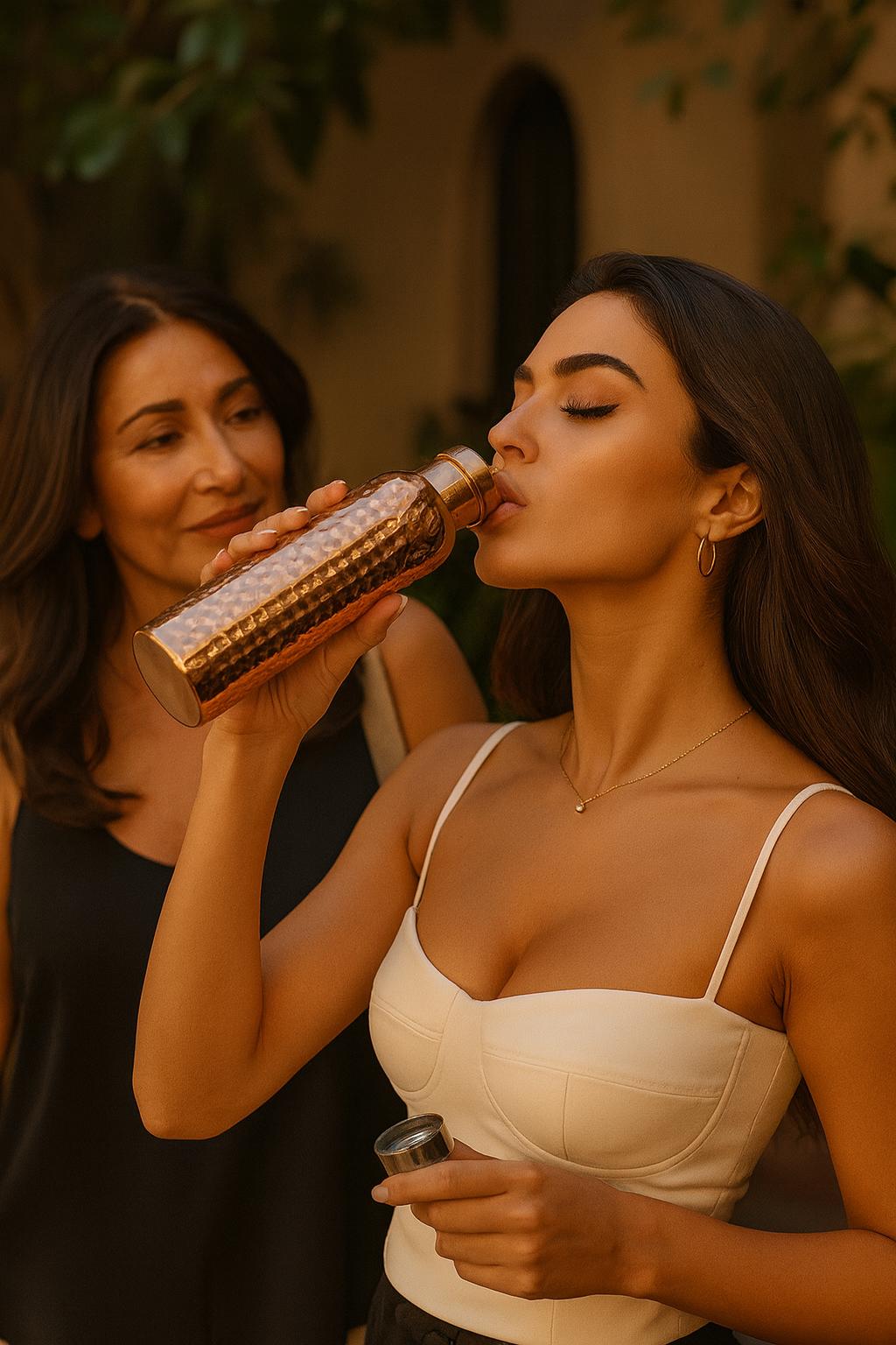 Femme buvant dans une gourde en cuivre WoodySlim – rituel bien-être au soleil, hydratation naturelle et élégance méditerranéenne en plein air.
