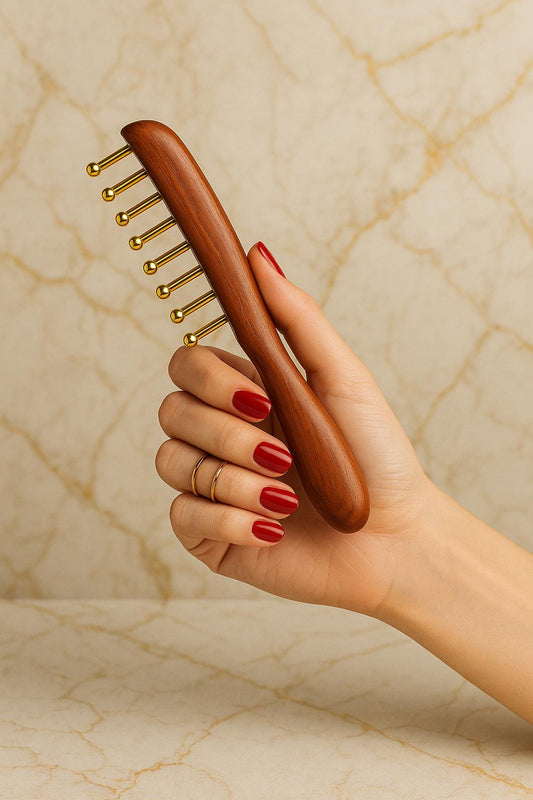 Accessoire WoodySlim – brosse de massage en bois naturel et cuivre pur tenue à la main, fond marbre beige, soin énergétique et design haut de gamme.